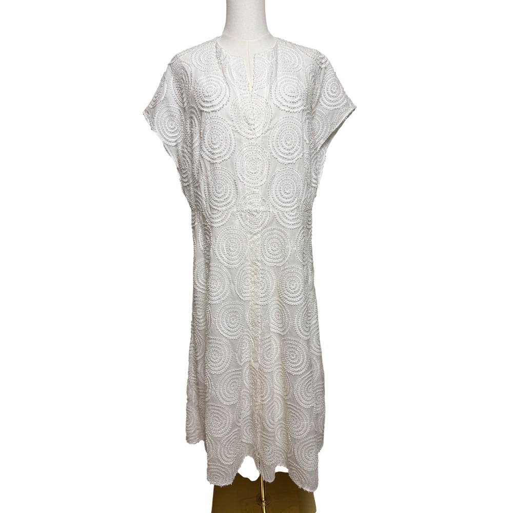 Akris Punto White Eyelet Cotton Embroidered Midi Dress Sz 12 Cap Sleeve A-Line
